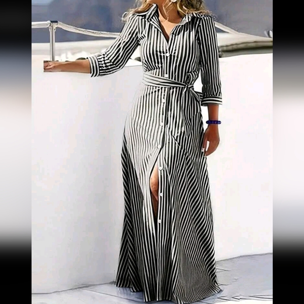 Classic Stripe Print Belted  Button Down Shirt Dress